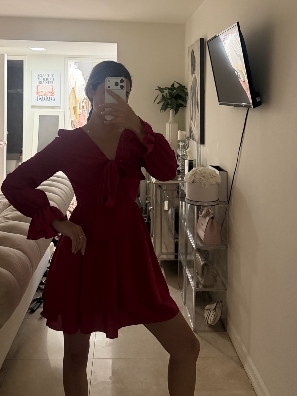 Red V-Neck Tie-Front Long Sleeve Dress